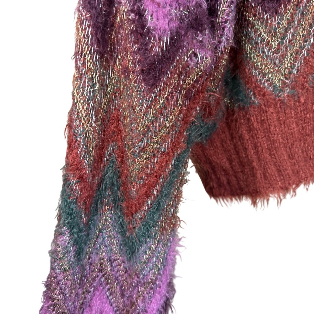 For Love & Lemons 90s‎ Zigzag Cropped Sweater Women S Burgundy Metallic Y2K Boho - Picture 6 of 9